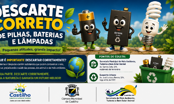 Descarte correto de pilhas, baterias e lâmpadas: campanha orienta população sobre pontos de coleta em Castilho (SP)