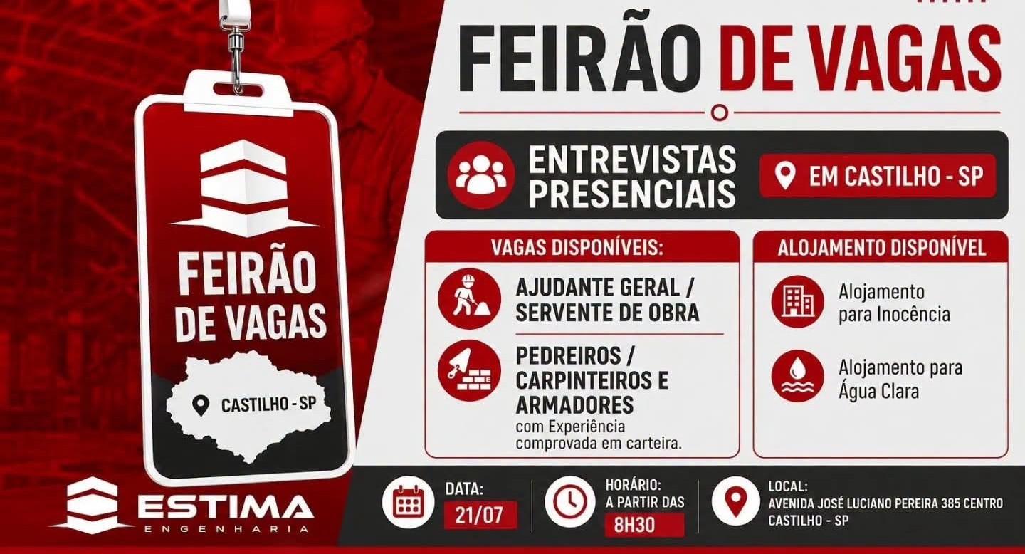 Balcão de Empregos de Castilho (SP) promove feirão de vagas de empregos