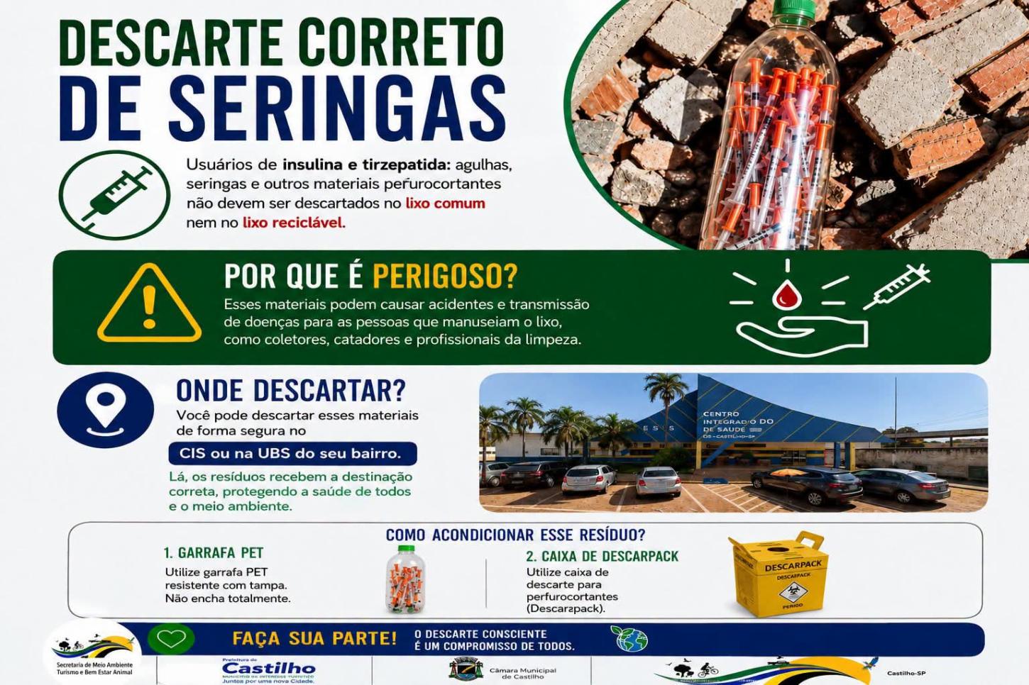 Descarte correto de seringas e agulhas é fundamental para proteger a saúde pública em Castilho (SP)