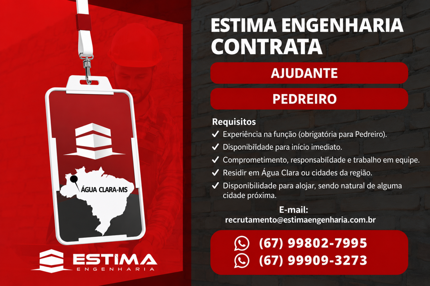 Estima Engenharia abre vagas para pedreiros e ajudantes com atuação em Água Clara (MS)