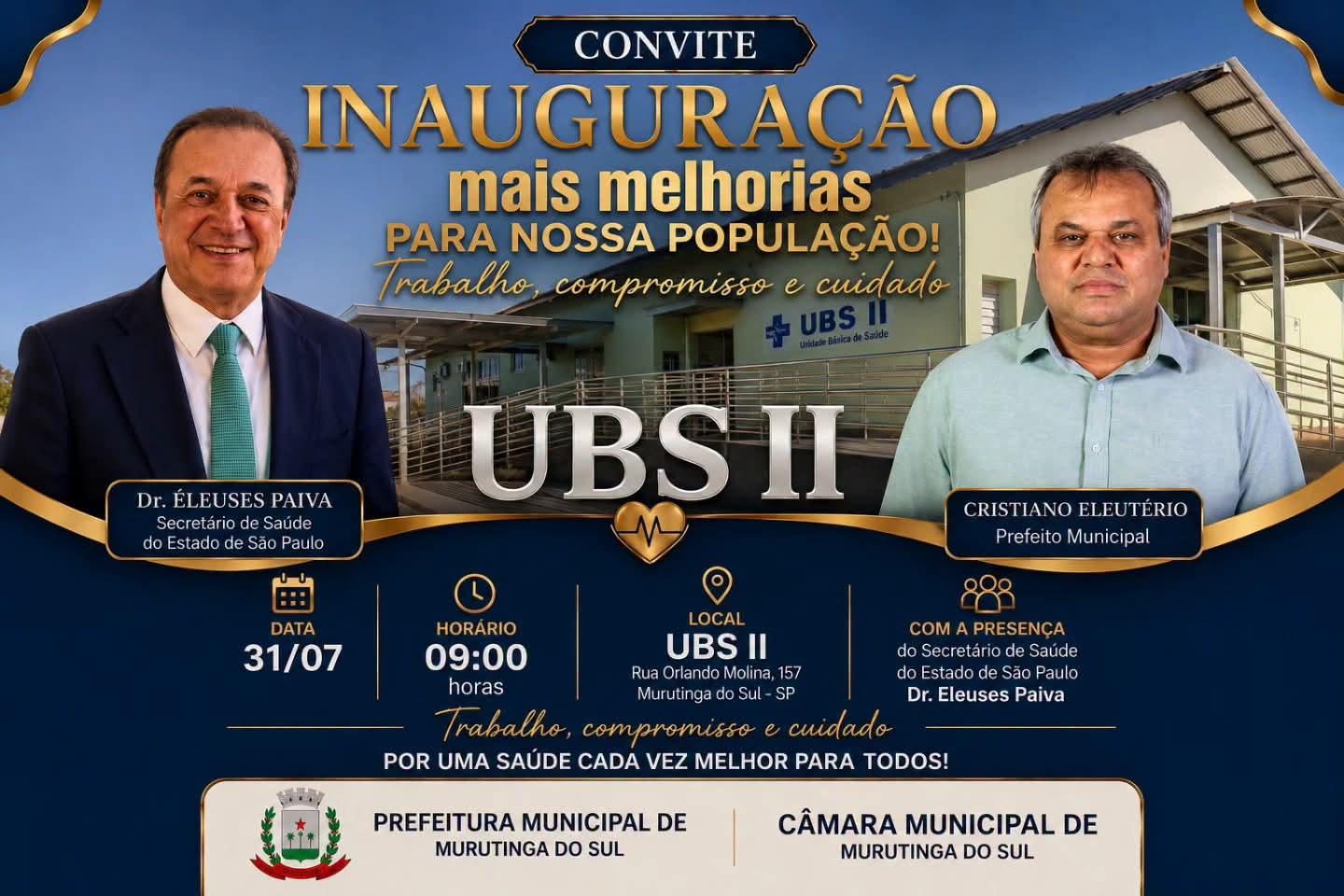 Ao lado do prefeito Cristiano, Secretário Estadual da Saúde participará da inauguração da UBS II de Murutinga do Sul (SP)