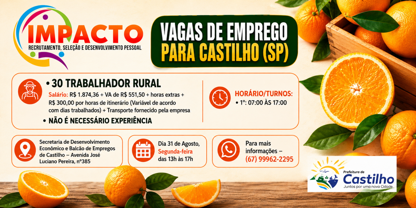 Balcão de Empregos em Castilho (SP) fará entrevistas para contratação de trabalhadores para a Cutrale 