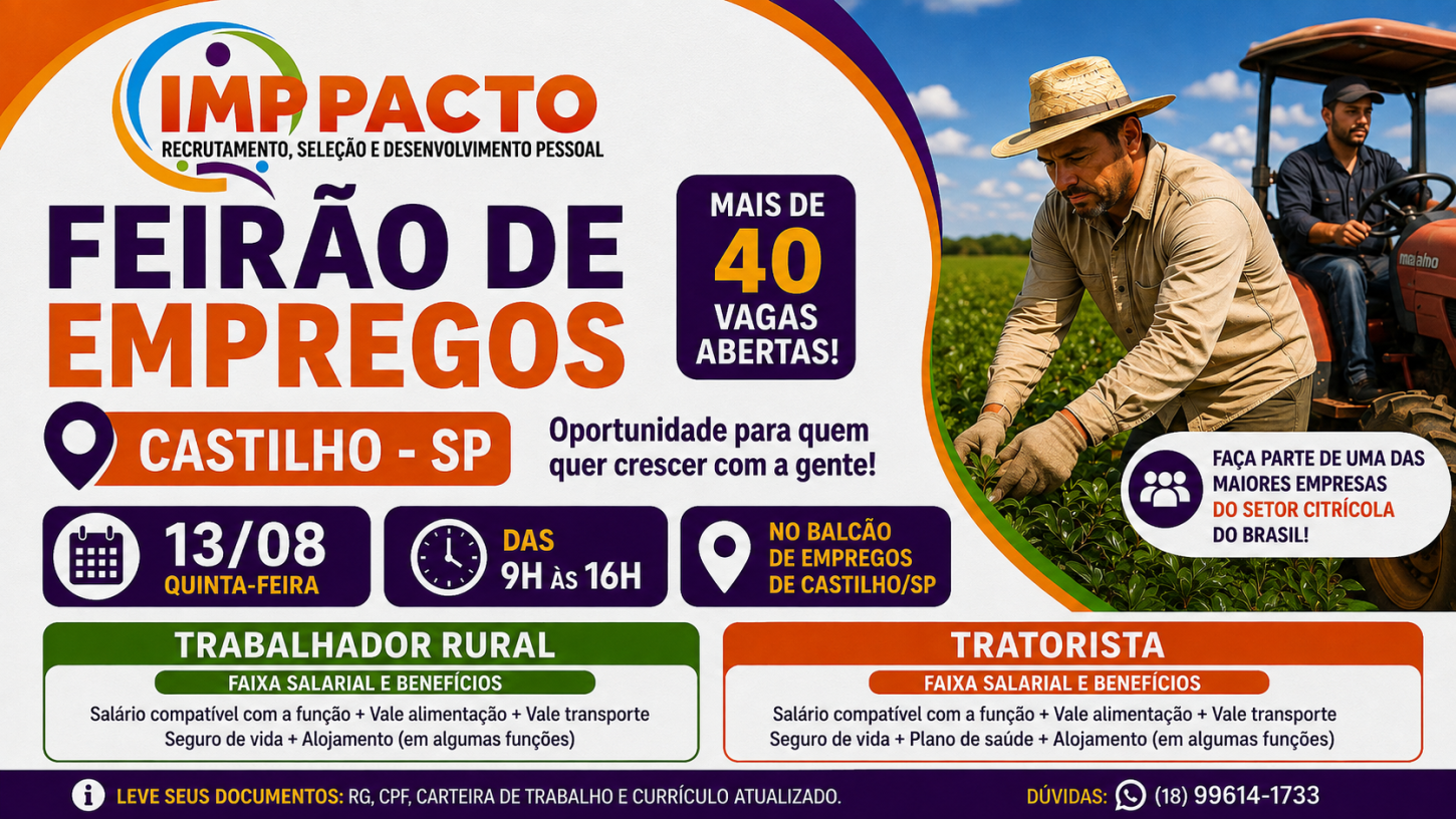 Castilho terá feirão de empregos da Cutrale com mais de 40 vagas
