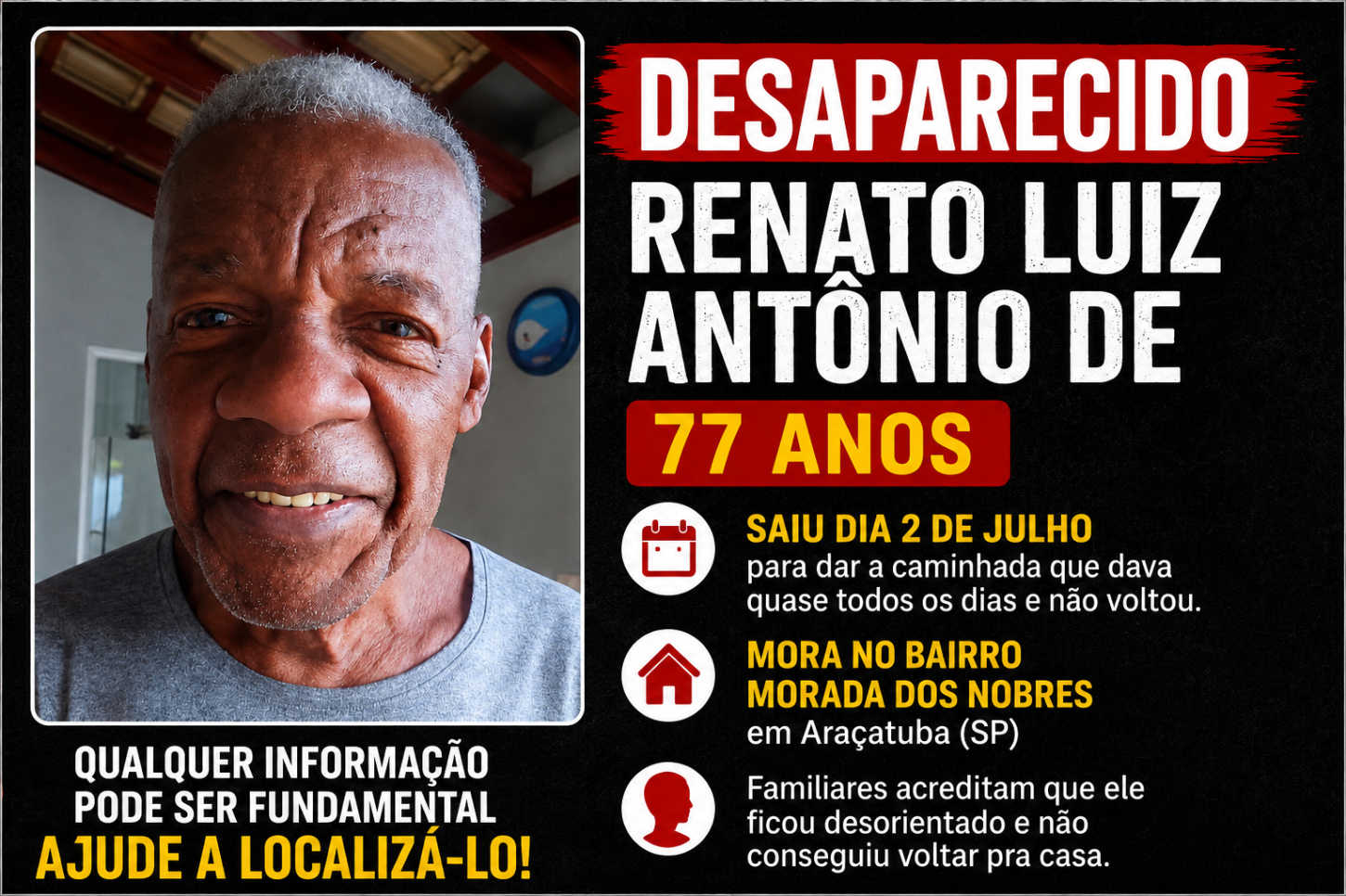 Idoso sai de casa para fazer caminhada e desaparece em Araçatuba (SP) 