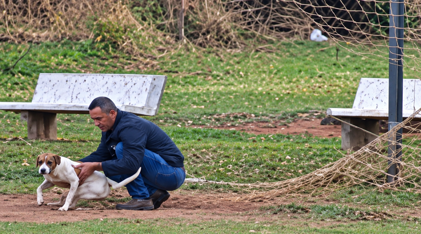 Cãozinho é salvo por servidor após ficar enroscado em rede de campinho de futebol em Castilho (SP)
