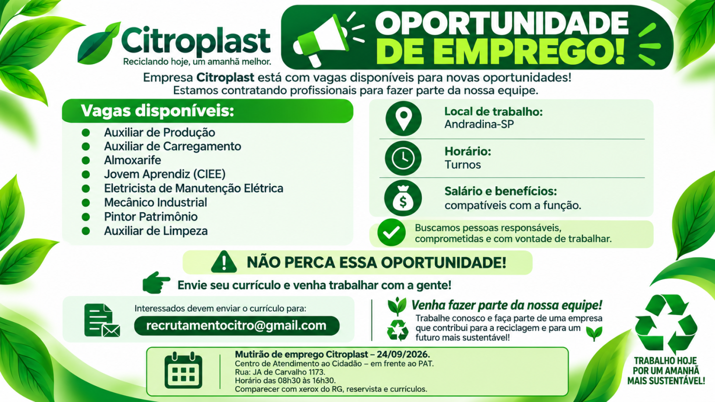 Citroplast em Andradina (SP) está com diversas vagas disponíveis