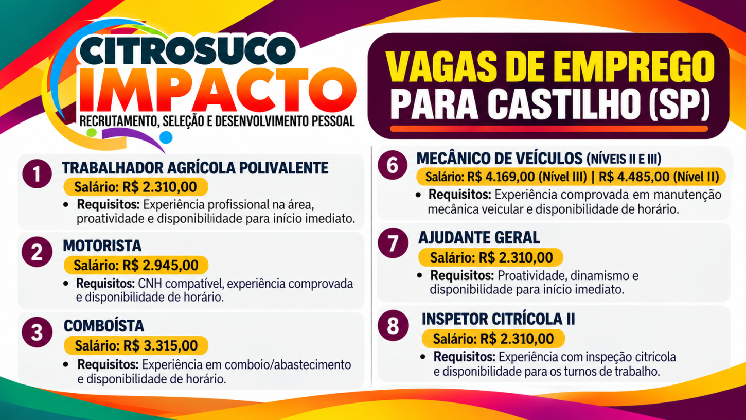Balcão de Emprego em Castilho (SP) realiza entrevistas para interessados em trabalhar na Citrosuco, dia 19 de outubro 